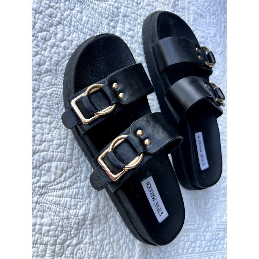 Steve Madden black with gold hardware, slip on sandals, women's size 7 1/2